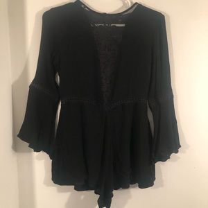Kendall & Kylie Black Romper w bell sleeves and center lace detail